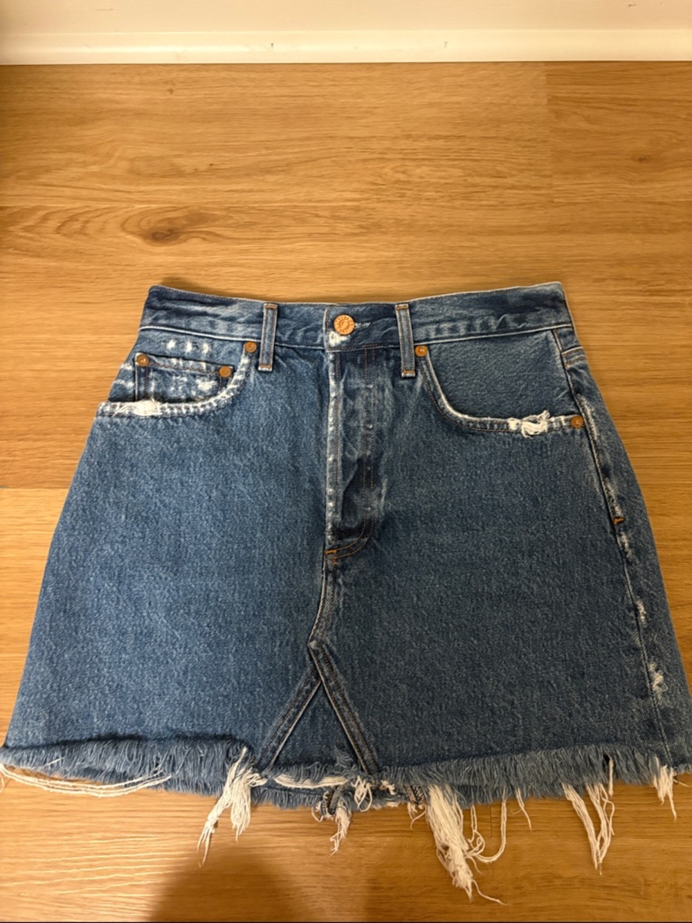 Agolde Blue Distressed Denim Mini Skirt